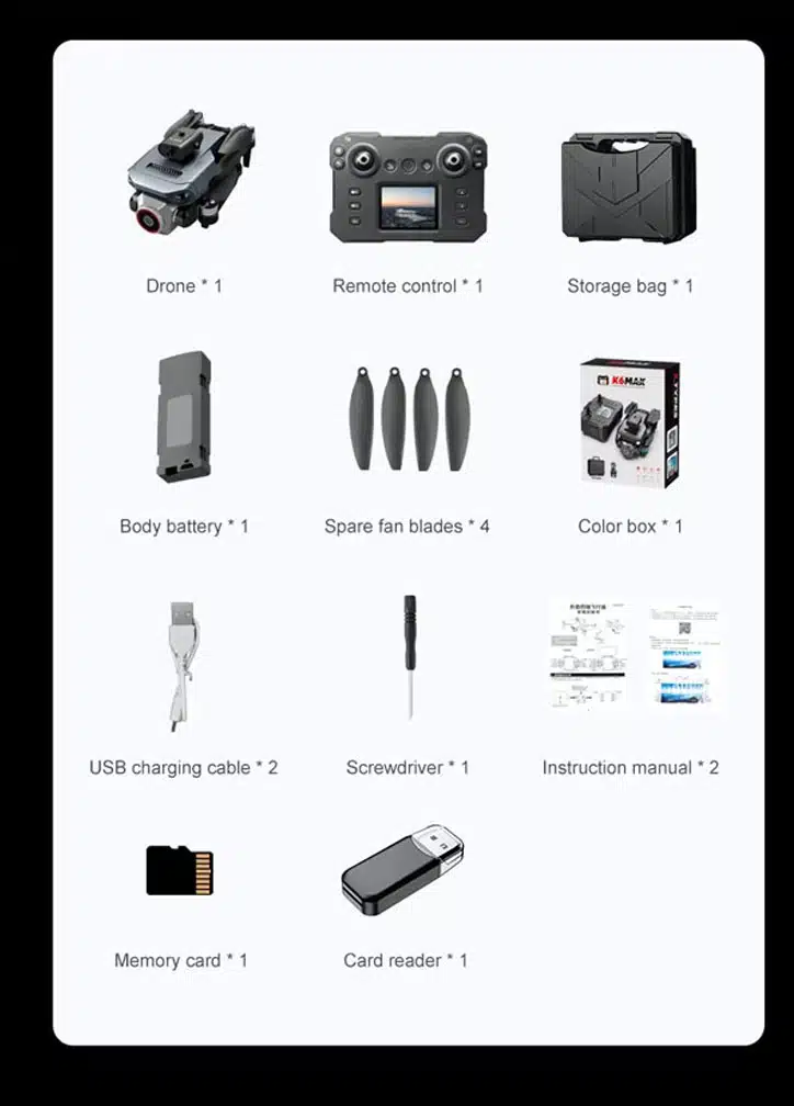 کوادکوپتر K6 Max محتویات بسته بندی هلی شات K6 Max